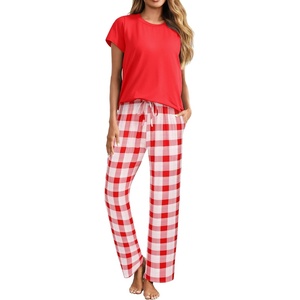 image:imageEkouaer Pajama Sets for Women Round Neck Pjs Short Sleeve Sleepwear with Long Pants Loose Lounge SetsRed Plaid