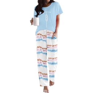 image:imageEkouaer Pajama Sets for Women Round Neck Pjs Short Sleeve Sleepwear with Long Pants Loose Lounge SetsTie Dye Blue