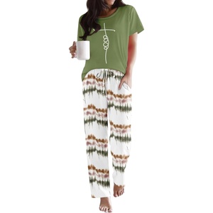 image:imageEkouaer Pajama Sets for Women Round Neck Pjs Short Sleeve Sleepwear with Long Pants Loose Lounge SetsTie Dye Green
