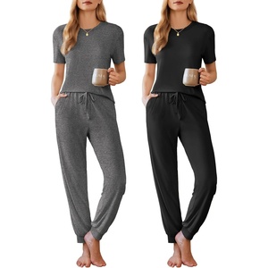 image:imageEkouaer Pajamas for Women Set 2 Pack Lounge Set Short Sleeve Pjs Joggers Long Pants Loungepwear with PocketsBlackdark Gray