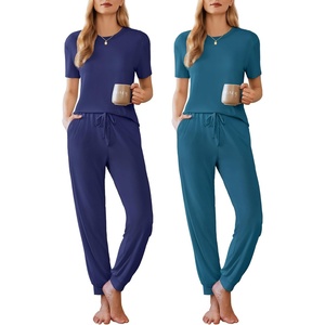 image:imageEkouaer Pajamas for Women Set 2 Pack Lounge Set Short Sleeve Pjs Joggers Long Pants Loungepwear with PocketsBlue Greennavy Bule