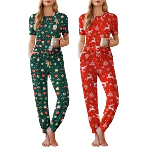 image:imageEkouaer Pajamas for Women Set 2 Pack Lounge Set Short Sleeve Pjs Joggers Long Pants Loungepwear with PocketsGreen Christmasred Deer
