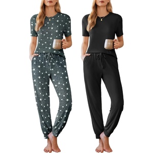 image:imageEkouaer Pajamas for Women Set 2 Pack Lounge Set Short Sleeve Pjs Joggers Long Pants Loungepwear with PocketsGrey Starblack