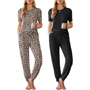 image:imageEkouaer Pajamas for Women Set 2 Pack Lounge Set Short Sleeve Pjs Joggers Long Pants Loungepwear with PocketsLeopardblack
