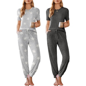 image:imageEkouaer Pajamas for Women Set 2 Pack Lounge Set Short Sleeve Pjs Joggers Long Pants Loungepwear with PocketsLight Gray Stardark Gray