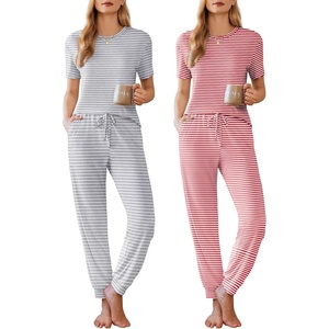image:imageEkouaer Pajamas for Women Set 2 Pack Lounge Set Short Sleeve Pjs Joggers Long Pants Loungepwear with PocketsLight Gray Stripered Stripe