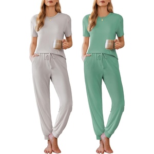 image:imageEkouaer Pajamas for Women Set 2 Pack Lounge Set Short Sleeve Pjs Joggers Long Pants Loungepwear with PocketsLight Graygreen