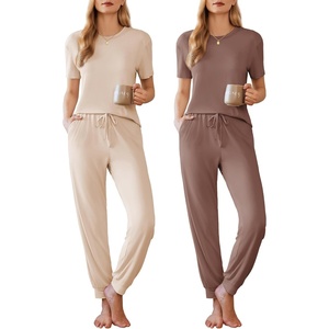 image:imageEkouaer Pajamas for Women Set 2 Pack Lounge Set Short Sleeve Pjs Joggers Long Pants Loungepwear with PocketsLight Khakibrown