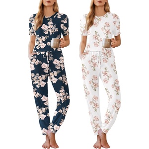 image:imageEkouaer Pajamas for Women Set 2 Pack Lounge Set Short Sleeve Pjs Joggers Long Pants Loungepwear with PocketsNavy Blue Flowerwhite Flower