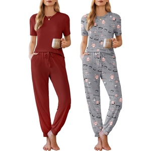 image:imageEkouaer Pajamas for Women Set 2 Pack Lounge Set Short Sleeve Pjs Joggers Long Pants Loungepwear with PocketsWine Redgrey Coffee