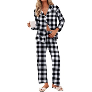 image:imageEkouaer Pajamas for Women Set Button Down Pj Long Sleeve Shirt and Pants Lounge Sets Fall Sleepwear with PocketsBlack Plaid