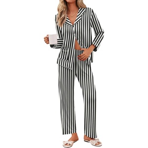 image:imageEkouaer Pajamas for Women Set Button Down Pj Long Sleeve Shirt and Pants Lounge Sets Fall Sleepwear with PocketsBlack Striped