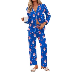 image:imageEkouaer Pajamas for Women Set Button Down Pj Long Sleeve Shirt and Pants Lounge Sets Fall Sleepwear with PocketsBlue Snowman