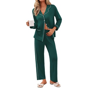 image:imageEkouaer Pajamas for Women Set Button Down Pj Long Sleeve Shirt and Pants Lounge Sets Fall Sleepwear with PocketsLake Green
