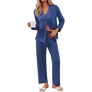 image:imageEkouaer Pajamas for Women Set Button Down Pj Long Sleeve Shirt and Pants Lounge Sets Fall Sleepwear with PocketsNavy