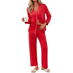 image:imageEkouaer Pajamas for Women Set Button Down Pj Long Sleeve Shirt and Pants Lounge Sets Fall Sleepwear with PocketsRed