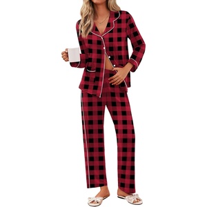 image:imageEkouaer Pajamas for Women Set Button Down Pj Long Sleeve Shirt and Pants Lounge Sets Fall Sleepwear with PocketsRed Plaid