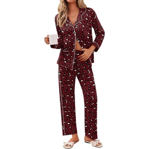 image:imageEkouaer Pajamas for Women Set Button Down Pj Long Sleeve Shirt and Pants Lounge Sets Fall Sleepwear with PocketsWine Red Cheetah
