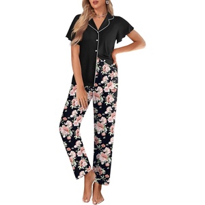 image:imageEkouaer Pajamas for Women Set Button Up Sleepwear Cute Pjs Ruffle Sleeve Notch Collar Loungewear with Long Pants SXXLBlack Floral