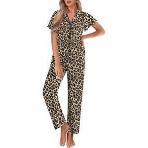 image:imageEkouaer Pajamas for Women Set Button Up Sleepwear Cute Pjs Ruffle Sleeve Notch Collar Loungewear with Long Pants SXXLBrown Leopard