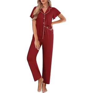 image:imageEkouaer Pajamas for Women Set Button Up Sleepwear Cute Pjs Ruffle Sleeve Notch Collar Loungewear with Long Pants SXXLBurgundy