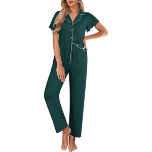 image:imageEkouaer Pajamas for Women Set Button Up Sleepwear Cute Pjs Ruffle Sleeve Notch Collar Loungewear with Long Pants SXXLEmerald Green