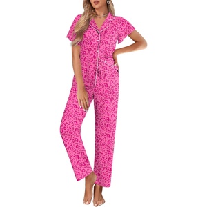 image:imageEkouaer Pajamas for Women Set Button Up Sleepwear Cute Pjs Ruffle Sleeve Notch Collar Loungewear with Long Pants SXXLHot Pink Cheetah