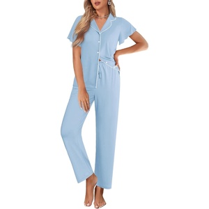 image:imageEkouaer Pajamas for Women Set Button Up Sleepwear Cute Pjs Ruffle Sleeve Notch Collar Loungewear with Long Pants SXXLLight Blue