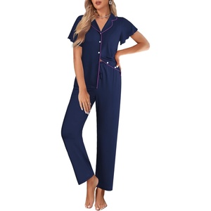 image:imageEkouaer Pajamas for Women Set Button Up Sleepwear Cute Pjs Ruffle Sleeve Notch Collar Loungewear with Long Pants SXXLNavy Blue