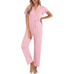 image:imageEkouaer Pajamas for Women Set Button Up Sleepwear Cute Pjs Ruffle Sleeve Notch Collar Loungewear with Long Pants SXXLPink