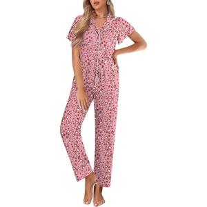 image:imageEkouaer Pajamas for Women Set Button Up Sleepwear Cute Pjs Ruffle Sleeve Notch Collar Loungewear with Long Pants SXXLPink Leopard Love