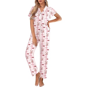 image:imageEkouaer Pajamas for Women Set Button Up Sleepwear Cute Pjs Ruffle Sleeve Notch Collar Loungewear with Long Pants SXXLPink Striped Bow Teddy