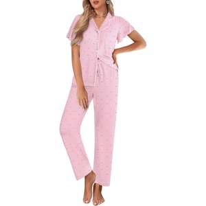 image:imageEkouaer Pajamas for Women Set Button Up Sleepwear Cute Pjs Ruffle Sleeve Notch Collar Loungewear with Long Pants SXXLPink Striped Love