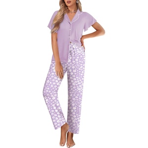image:imageEkouaer Pajamas for Women Set Button Up Sleepwear Cute Pjs Ruffle Sleeve Notch Collar Loungewear with Long Pants SXXLPurple Flower