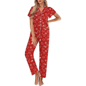 image:imageEkouaer Pajamas for Women Set Button Up Sleepwear Cute Pjs Ruffle Sleeve Notch Collar Loungewear with Long Pants SXXLRed Xmas Teddy