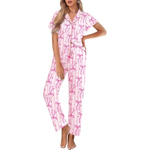 image:imageEkouaer Pajamas for Women Set Button Up Sleepwear Cute Pjs Ruffle Sleeve Notch Collar Loungewear with Long Pants SXXLStripe Bow Tie