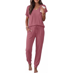 image:imageEkouaer Pajamas for Women Set Short Sleeve Lounge Set Jogger Pants Pjs Soft Sleepwear with Pockets SXXLGrey Purple Red