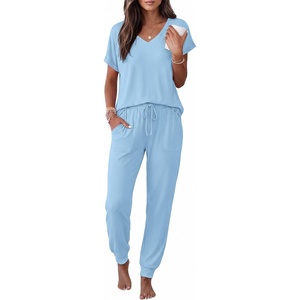 image:imageEkouaer Pajamas for Women Set Short Sleeve Lounge Set Jogger Pants Pjs Soft Sleepwear with Pockets SXXLLight Blue