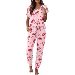 image:imageEkouaer Pajamas for Women Set Short Sleeve Lounge Set Jogger Pants Pjs Soft Sleepwear with Pockets SXXLPink Bow Knot