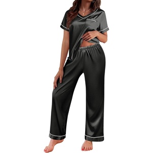 image:imageEkouaer Satin Pajamas for Women Short Sleeve Silk Pajama Sets Soft Sleepwear Top with Causal Long Pj PantBlack