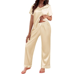 image:imageEkouaer Satin Pajamas for Women Short Sleeve Silk Pajama Sets Soft Sleepwear Top with Causal Long Pj PantLight Coffee