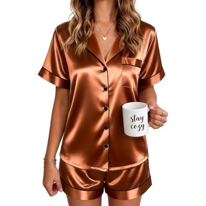 image:imageEkouaer Satin Pajamas for Women Silk Pjs Short Set 2 Piece Button Up Lounge Sets Short Sleeve Sleepwear SXXLBrown