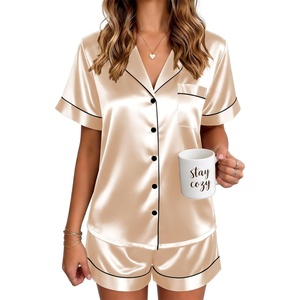 image:imageEkouaer Satin Pajamas for Women Silk Pjs Short Set 2 Piece Button Up Lounge Sets Short Sleeve Sleepwear SXXLChampagne