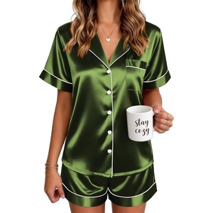 image:imageEkouaer Satin Pajamas for Women Silk Pjs Short Set 2 Piece Button Up Lounge Sets Short Sleeve Sleepwear SXXLDark Army Green