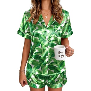 image:imageEkouaer Satin Pajamas for Women Silk Pjs Short Set 2 Piece Button Up Lounge Sets Short Sleeve Sleepwear SXXLHawaii Green Leaves