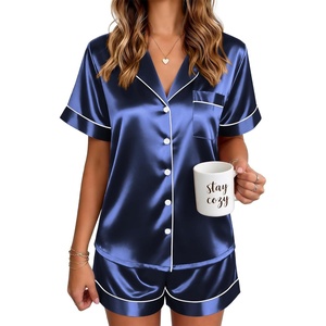 image:imageEkouaer Satin Pajamas for Women Silk Pjs Short Set 2 Piece Button Up Lounge Sets Short Sleeve Sleepwear SXXLNavy