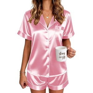 image:imageEkouaer Satin Pajamas for Women Silk Pjs Short Set 2 Piece Button Up Lounge Sets Short Sleeve Sleepwear SXXLPink