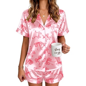 image:imageEkouaer Satin Pajamas for Women Silk Pjs Short Set 2 Piece Button Up Lounge Sets Short Sleeve Sleepwear SXXLPink Bow Ties