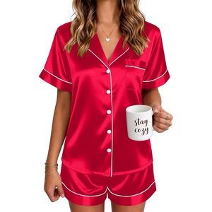 image:imageEkouaer Satin Pajamas for Women Silk Pjs Short Set 2 Piece Button Up Lounge Sets Short Sleeve Sleepwear SXXLRed