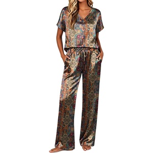 image:imageEkouaer Silk Pajamas for Women 2 Piece Satin Pjs Cap Short Sleeve Sleepwear V Neck Shirt Long Pant Lounge Sets01mz271